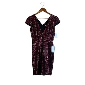 Dress The Population Berry Sequin VNeck Cap Sleeve Bodycon Mini Dress Size M NEW